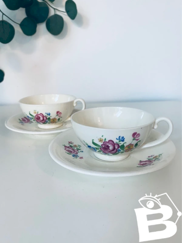 Duo tasses à thé vintage MOSA Maastricht porcelaine décor floral Shabby Chic