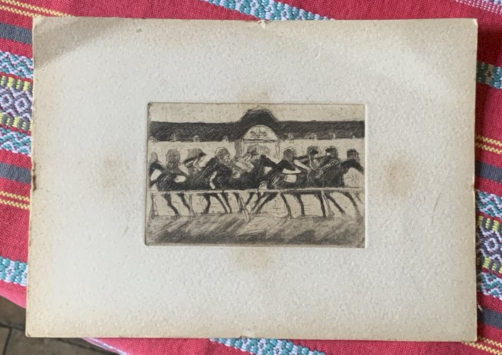 Eau forte originale art déco 1920's hippisme course de jokeys