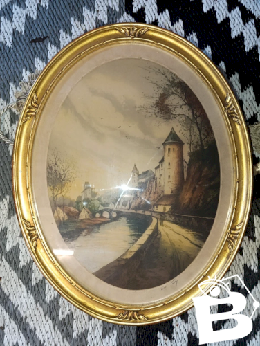 eau forte ou gravure à decor de ville (paysage) signature à identifier en bon etat