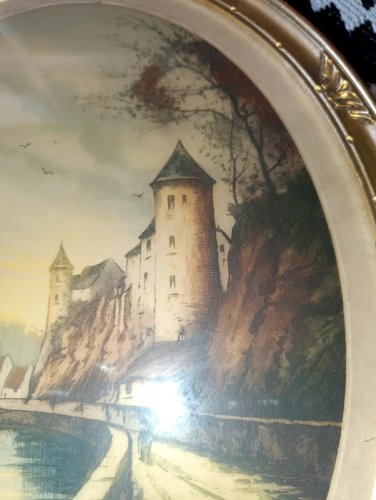 eau forte ou gravure à decor de ville (paysage) signature à identifier en bon etat