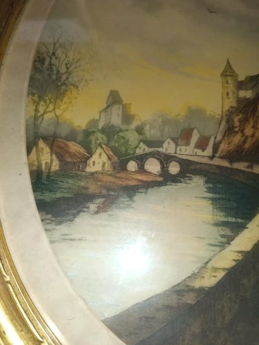 eau forte ou gravure à decor de ville (paysage) signature à identifier en bon etat