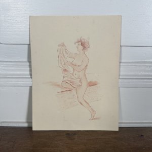 e?Dessin sanguine XXe représentant une femme érotique nue sur un lit L1043
