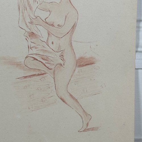 e?Dessin sanguine XXe représentant une femme érotique nue sur un lit L1043