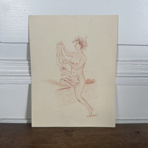 e?Dessin sanguine XXe représentant une femme érotique nue sur un lit L1043