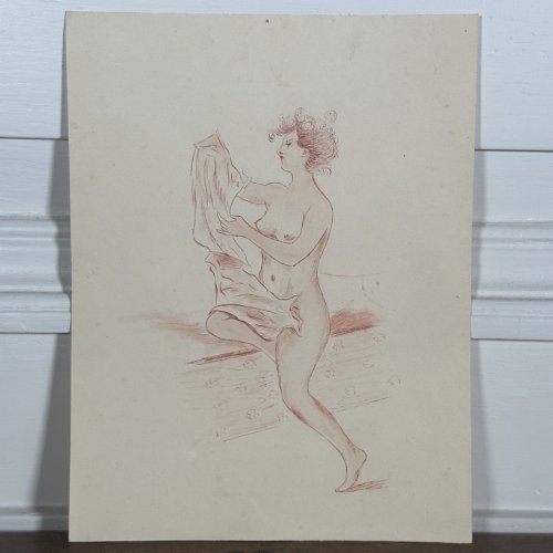 e?Dessin sanguine XXe représentant une femme érotique nue sur un lit L1043