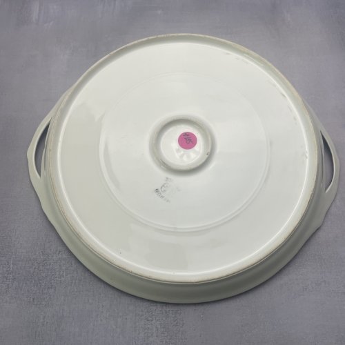 Elégant plat plateau double anses porcelaine blanche et bord argenté MEHUN