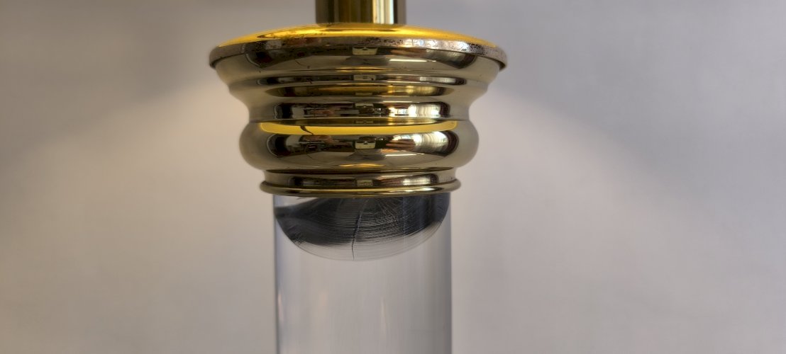 ?✨ Elégante lampe Colonne signée ‘’Le Dauphin’’ vintage 70/80 en altuglas et laiton abat-jour neuf ✨?