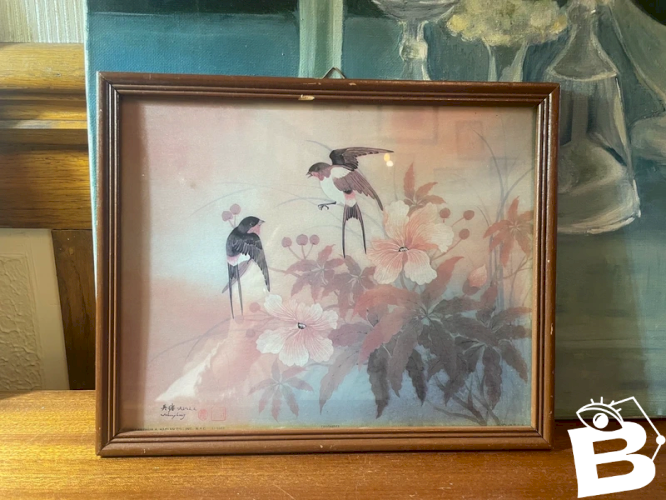 Encadrement litho hirondelles vintage Johnny Lung