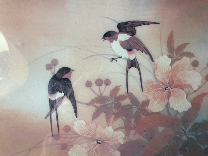 Encadrement litho hirondelles vintage Johnny Lung