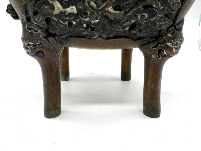 Encensoir chinois ancien en bronze – Lion de Fo & dragon – XIXe – Censer