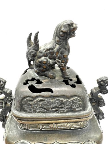 Encensoir chinois ancien en bronze – Lion de Fo & dragon – XIXe – Censer