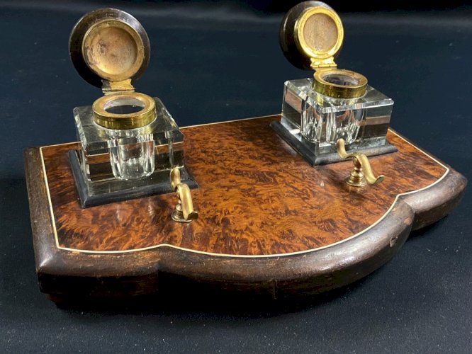 Encrier bureau porte-plume loupe de noyer fin XIXe Napoléon III double réservoir