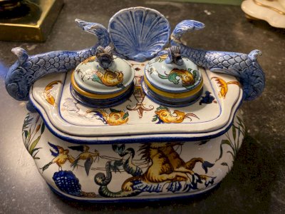 Antique double inkwell in faience – Gien