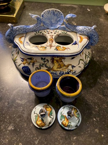 Encrier double ancien en faïence – Gien