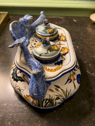 Encrier double ancien en faïence – Gien