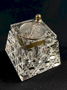Crystal inkwell with a silver-plated metal medallion of Archangel Saint Michael.
