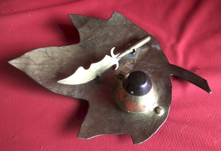 ENCRIER TRAVAIL DE TRANCHÉE / POILU VERDUN 1916 ART POPULAIRE TRENCH ART 1914-18