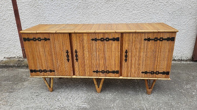 ENFILADE 3 PORTES VINATGE 1960 EN ROTIN ET FER FORGE