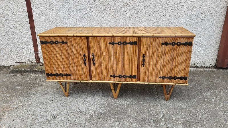 ENFILADE 3 PORTES VINATGE 1960 EN ROTIN ET FER FORGE