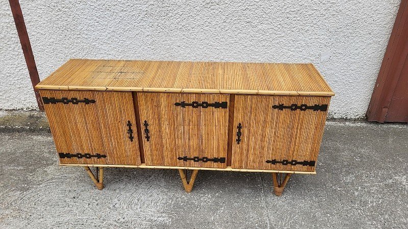 ENFILADE 3 PORTES VINATGE 1960 EN ROTIN ET FER FORGE