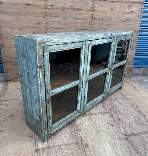 Enfilade vitrée en teck birman avec patine turquoise dorigine