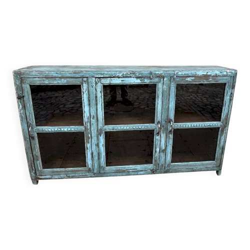 Enfilade vitrée en teck birman avec patine turquoise dorigine