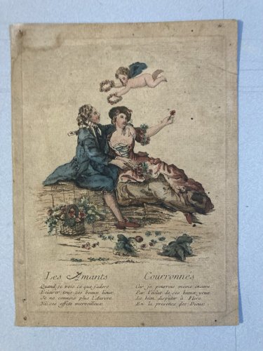 Engraving Gravure Costume Mode Paris 1780  Amant Couronne Art Old Putti Ange