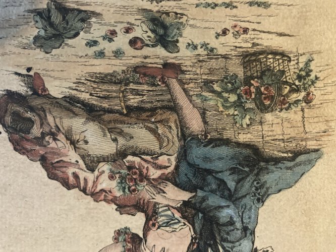 Engraving Gravure Costume Mode Paris 1780  Amant Couronne Art Old Putti Ange