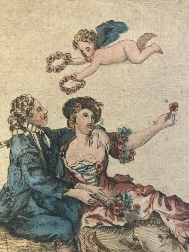 Engraving Gravure Costume Mode Paris 1780  Amant Couronne Art Old Putti Ange