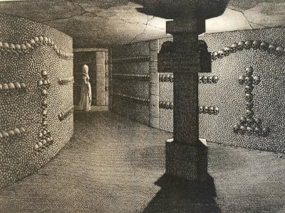 Engraving engraving 19th Catacombs Pairs Original Curiosity Memento Curiosa Skull