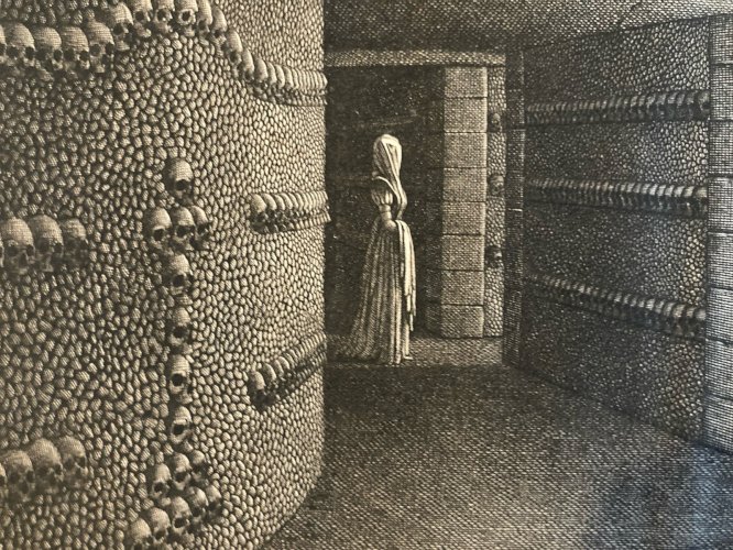 Engraving gravure XIXe Catacombes Pairs Original Curiosité Mémento Curiosa Crane