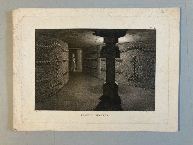 Engraving gravure XIXe Catacombes Pairs Original Curiosité Mémento Curiosa Crane