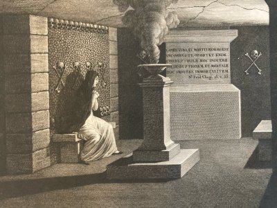 Engraving print 19th Catacombs Paris Original Curiosity Print Curiosa Skull