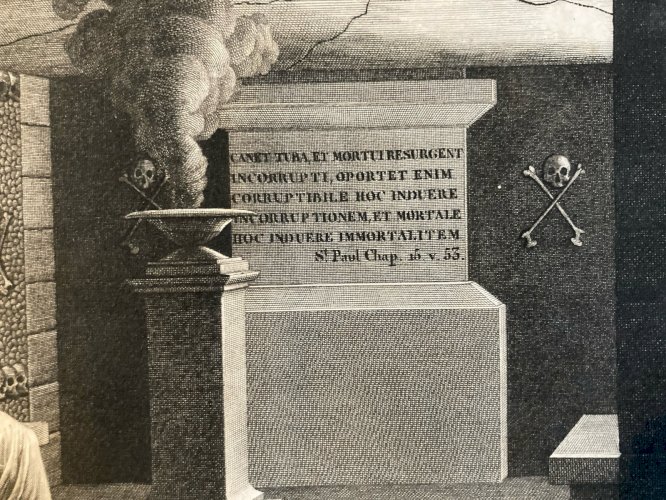 Engraving gravure XIXe Catacombes Pars Original Curiosité Estampe Curiosa Crane