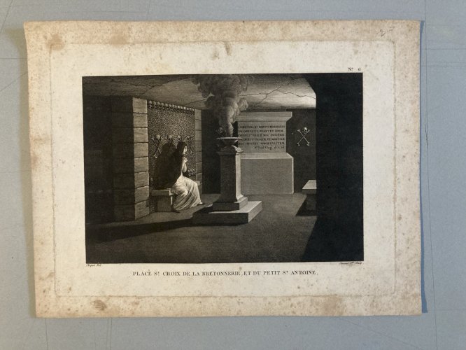 Engraving gravure XIXe Catacombes Pars Original Curiosité Estampe Curiosa Crane