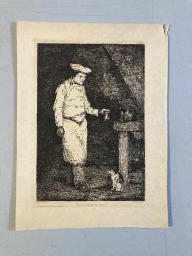 Engraving  Theodule Ribot Le Déjeuner Du Chat Original Gravure Ancien 1870 Art