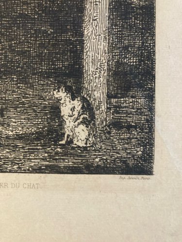 Engraving  Theodule Ribot Le Déjeuner Du Chat Original Gravure Ancien 1870 Art