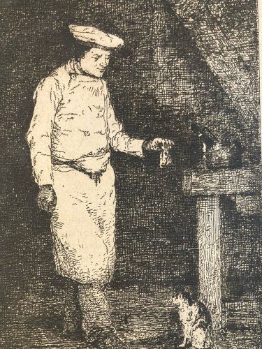 Engraving  Theodule Ribot Le Déjeuner Du Chat Original Gravure Ancien 1870 Art
