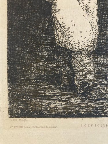 Engraving  Theodule Ribot Le Déjeuner Du Chat Original Gravure Ancien 1870 Art