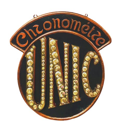 Enseigne publicitaire "Chronomètre UNIC " en stuc patiné XX siècle