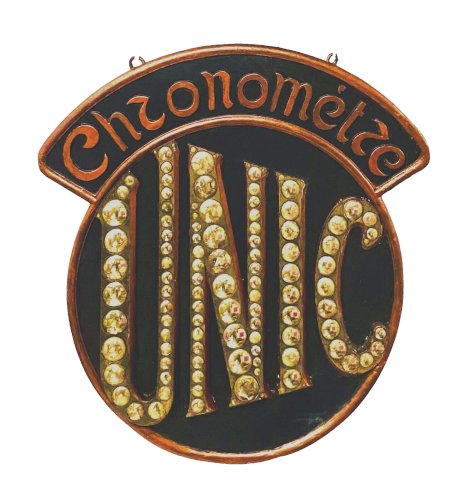 Enseigne publicitaire "Chronomètre UNIC " en stuc patiné XX siècle