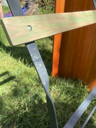 Ensemble bistrot ancien fer forgé – table années 30 et chaises pliantes