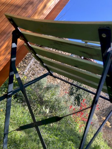 Ensemble bistrot ancien fer forgé – table années 30 et chaises pliantes