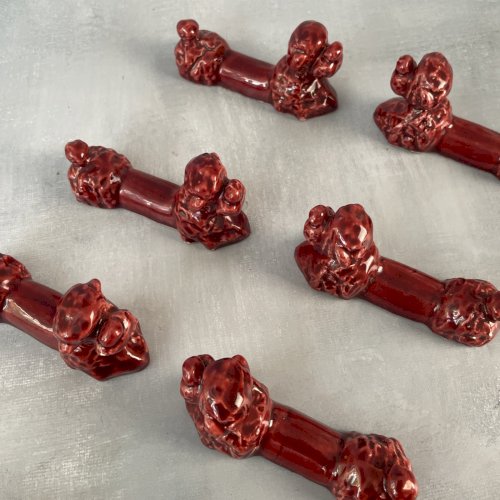 Ensemble de 6 support porte repose couteaux céramique caniche rouge