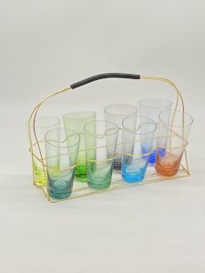 Ensemble de 8 verres colorés vintage avec panier métal doré 