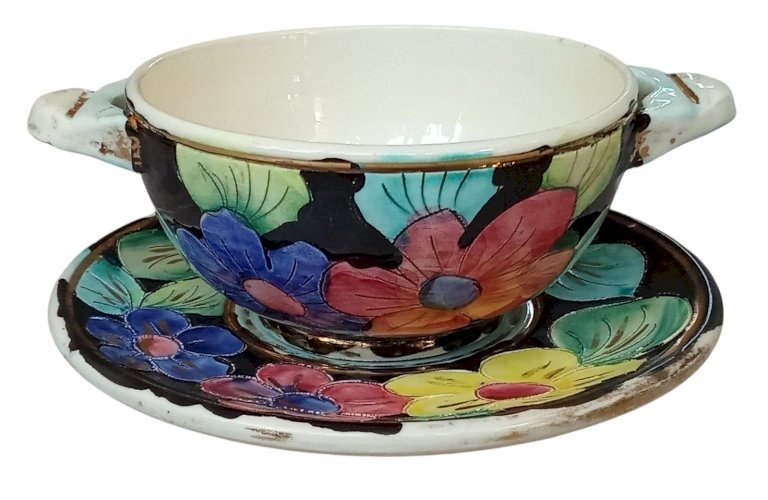 Ensemble Déjeuner Ancien Bol +  Soucoupe Assiette Vallauris Décor Floral