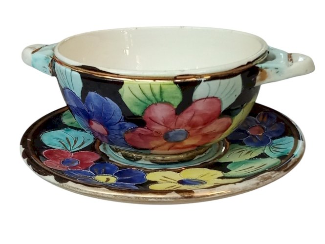 Ensemble Déjeuner Ancien Bol +  Soucoupe Assiette Vallauris Décor Floral