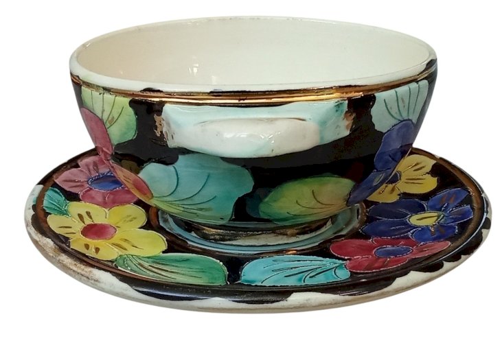 Ensemble Déjeuner Ancien Bol +  Soucoupe Assiette Vallauris Décor Floral