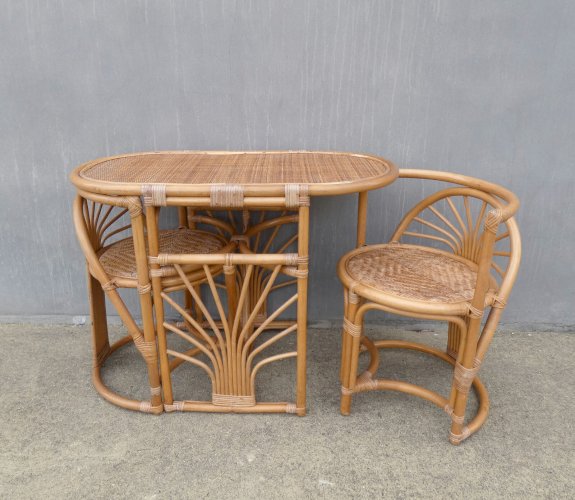 Ensemble en rotin table et fauteuils design modulable vintage