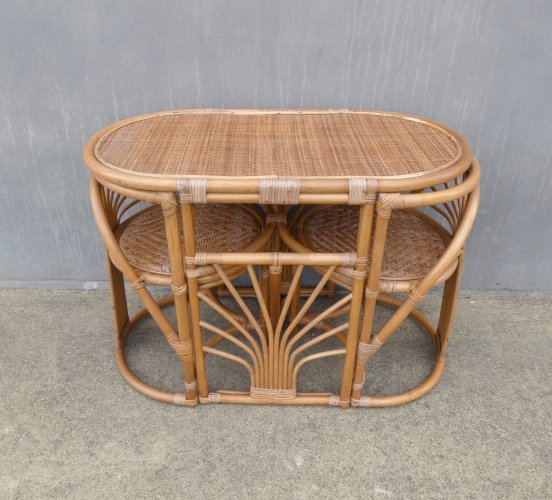 Ensemble en rotin table et fauteuils design modulable vintage